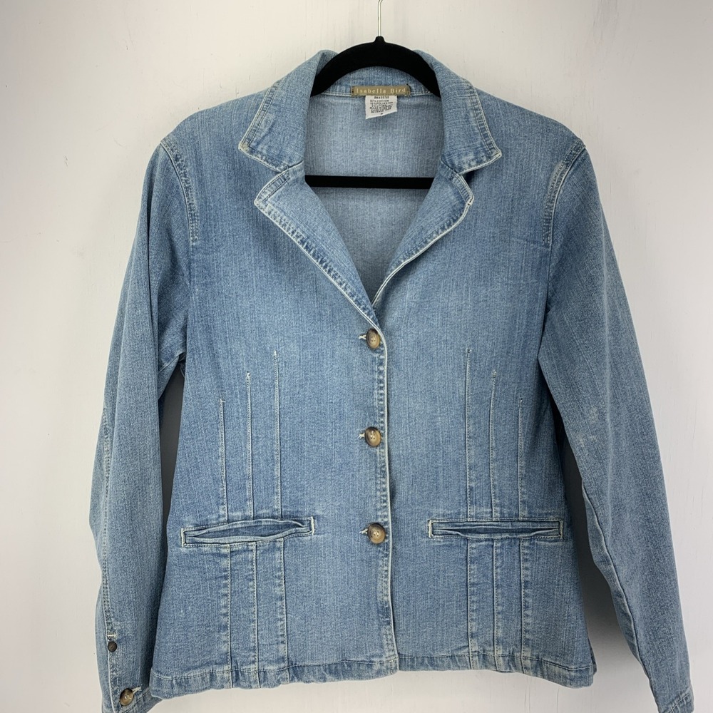 Y2K Isabella Bird Womens Medium Denim Blazer Jacket Stretch Boho Grunge Moto